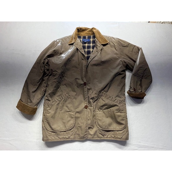 J. Crew Other - J. Crew Barn Jacket Mens Tan Corduroy Collar Plaid Lined Quilted Insulation